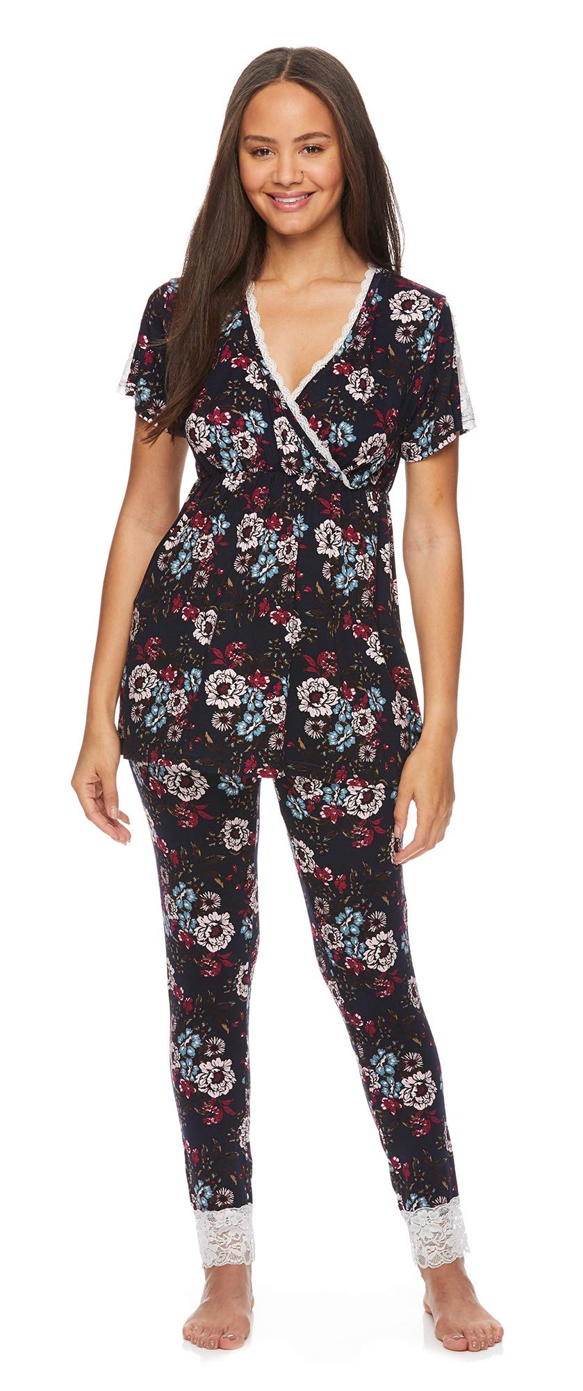 Intimates Womens Maternity Nursing Pajama Short Sleeve and Pants PJ Sleep Set for Labor/Delivery/Breastfeeding