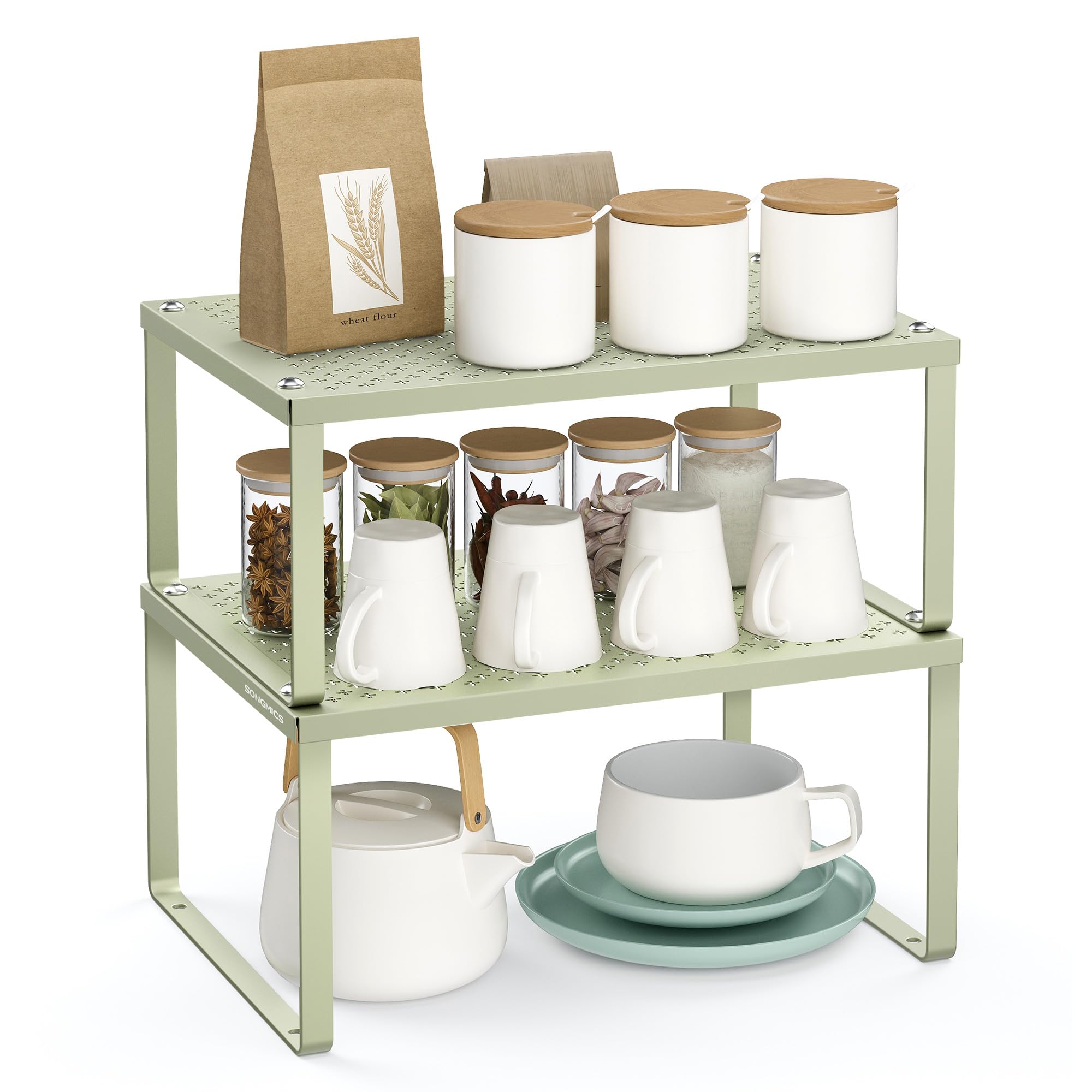 SONGMICS Spice Racks, Set of 2 Cupboard Organisers, Kitchen Storage, Stackable, Expandable, Metal Counter Shelves, Laurel Green KCS001C01