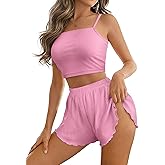 Remidoo Womens Split Short Pajama Set Ribbed Knit Cami Top Sexy Pajamas Cute Pj Sets