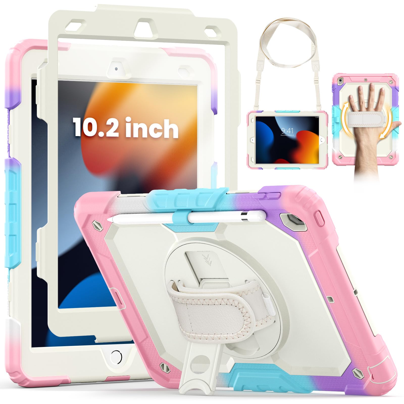 SEYMCY for iPad 9th/8th/7th Generation Case Kids 10.2 inch, Shockproof Sturdy with 360° Rotating Hand Strap & Stand, Screen Protector, Shoulder Strap, Pen Holder for iPad Cover 2021~2019, Pink