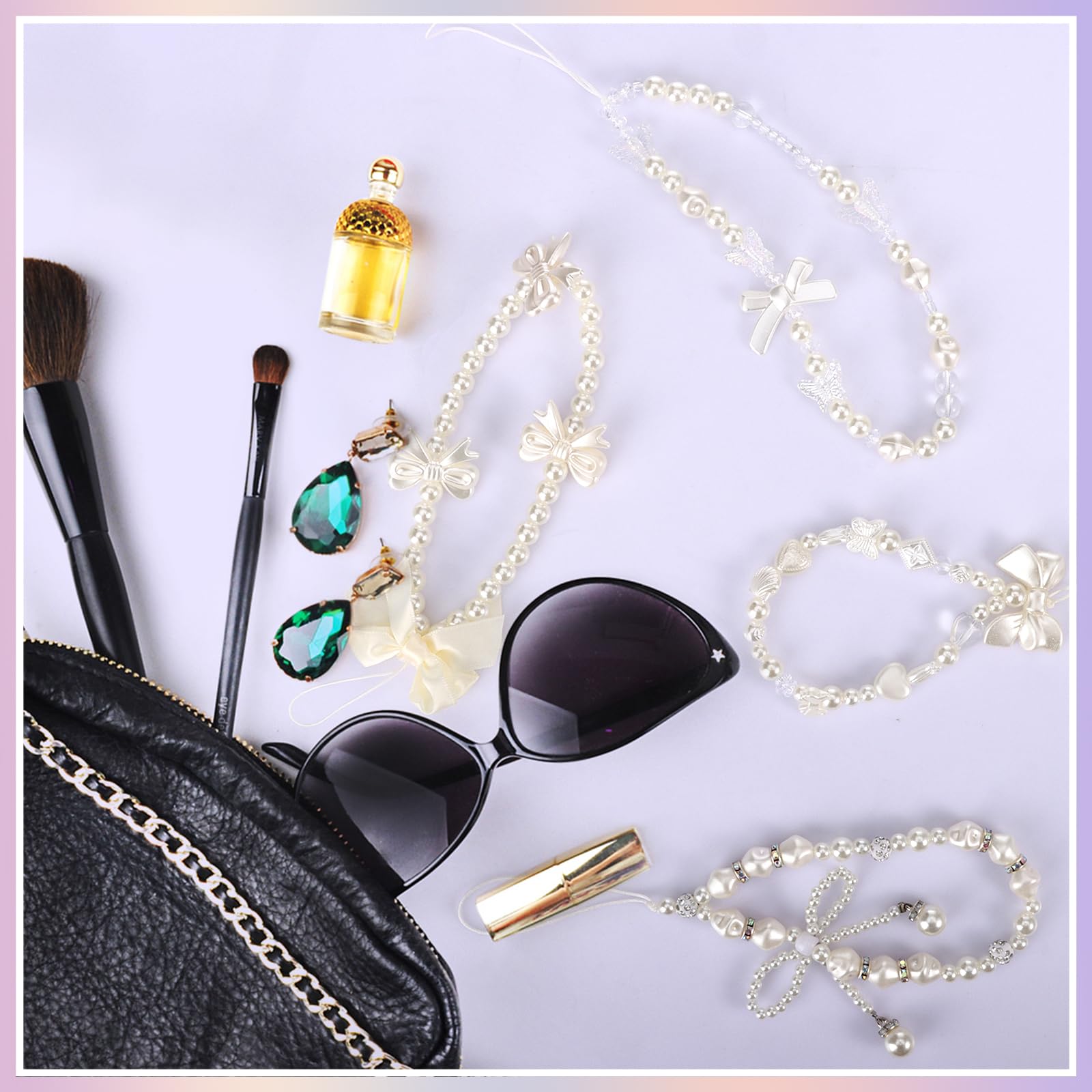 Draupnir 4pcs Phone Charms Strap, Butterfly Bow Camera Strap Wrist Beaded Phone Bracelet Wrist Straps, Pearl Bracelet Lanyard Keychain Charm for Women