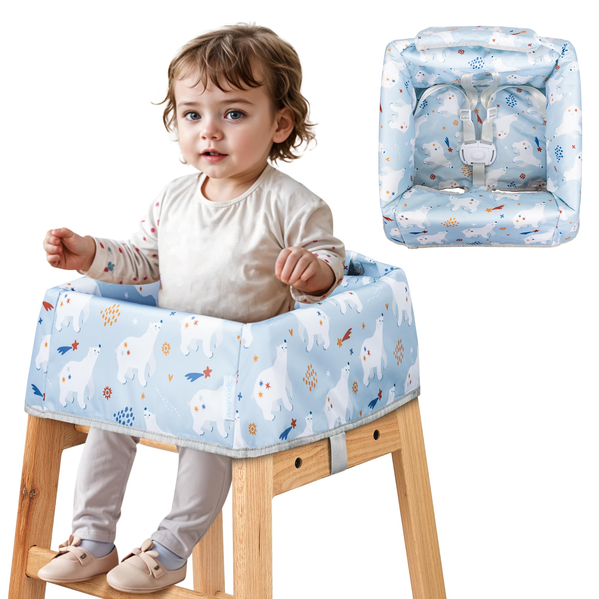 Photo 1 of High Chair Cover for Baby Restaurant: Sprouterie Baby Highchair Covers for Restaurant Waterproof Washable Stain and Slip Resistant Portable for Children Outdoor Indoor Eating Blue Polar Bear