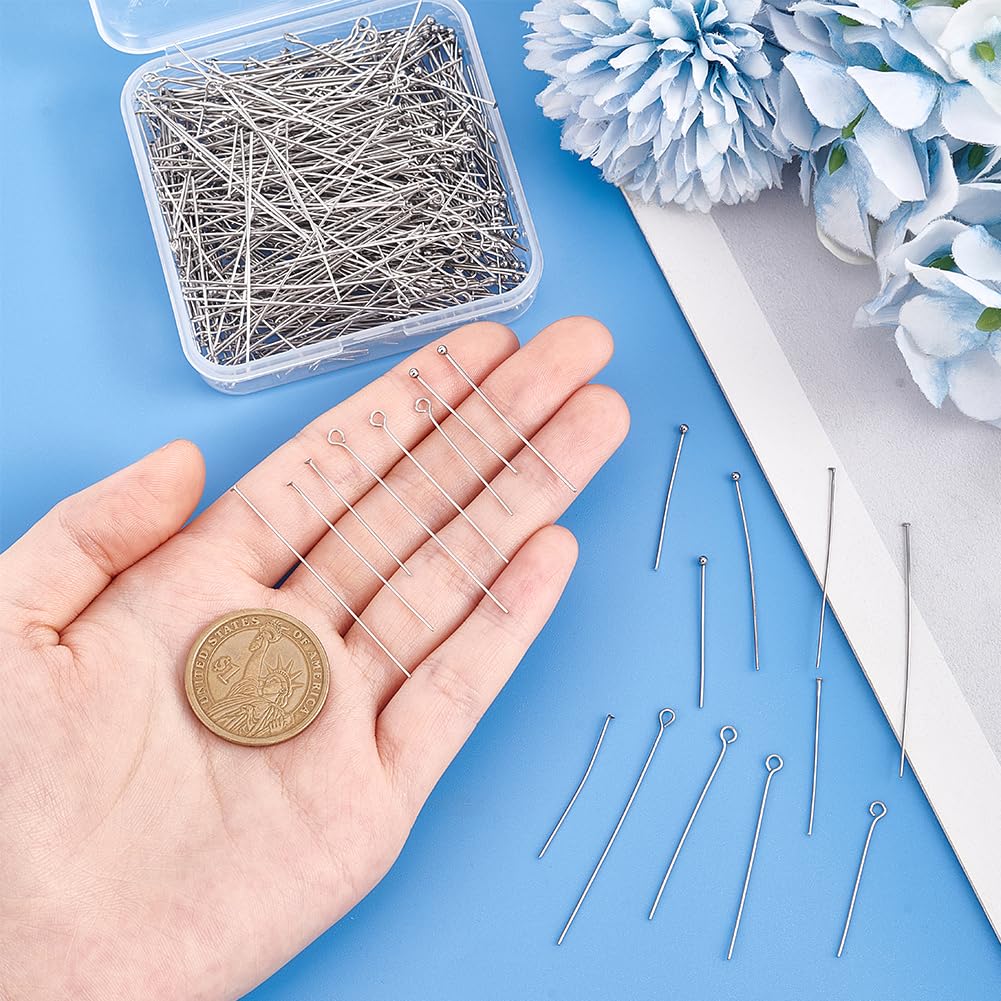 PH PandaHall 560pcs 8 Styles 304 Stainless Steel Eye Pins 30mm 40mm 50mm Head Pins 22 Gauge Ball Head Pin Findings Open Eye Pin for Earring Bracelet Pendant Jewelry Making, Stainless Steel Color
