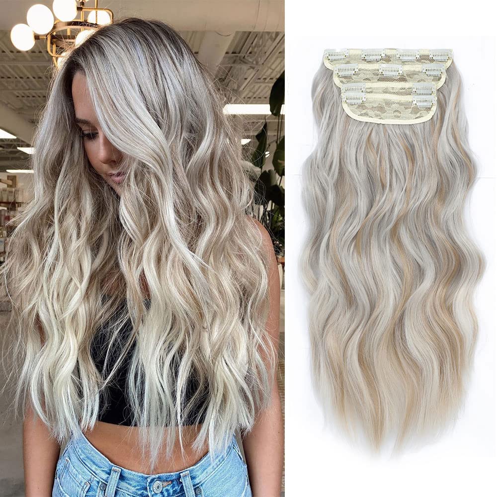Hair Extensions Clip in 4pcs Platinum Blonde with Dark Gold Hair Extension Long Wavy Full Head Clip in Hair Extension Synthetic Fiber Hair Pieces for Women โ image 1