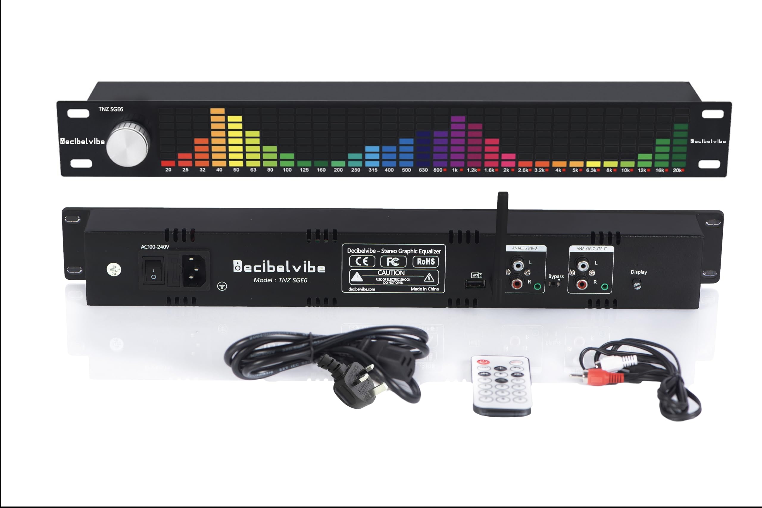 Decibelvibe TNZ SGE6 - Audio Graphic Equalizer with Rear RCA/3.5 Auxiliary Input and Output, Built-in Microphone, USB and Bluetooth Input, for Home Audio, HiFi Audio (Silver)