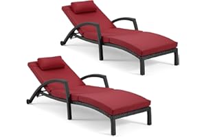 HOMREST Chaise Lounge Chairs Set of 2, PE Rattan Wicker Patio Lounge Chair with Adjustable 5 Position, Arm and Wheels for Poolside Backyard Deck Porch,Wine red