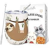 NymphFable 12oz Sloth Insulated Tumbler With Lid and Straw Stainless Steel Wine Tumbler, Stemless Wine Glass Coffee Mug