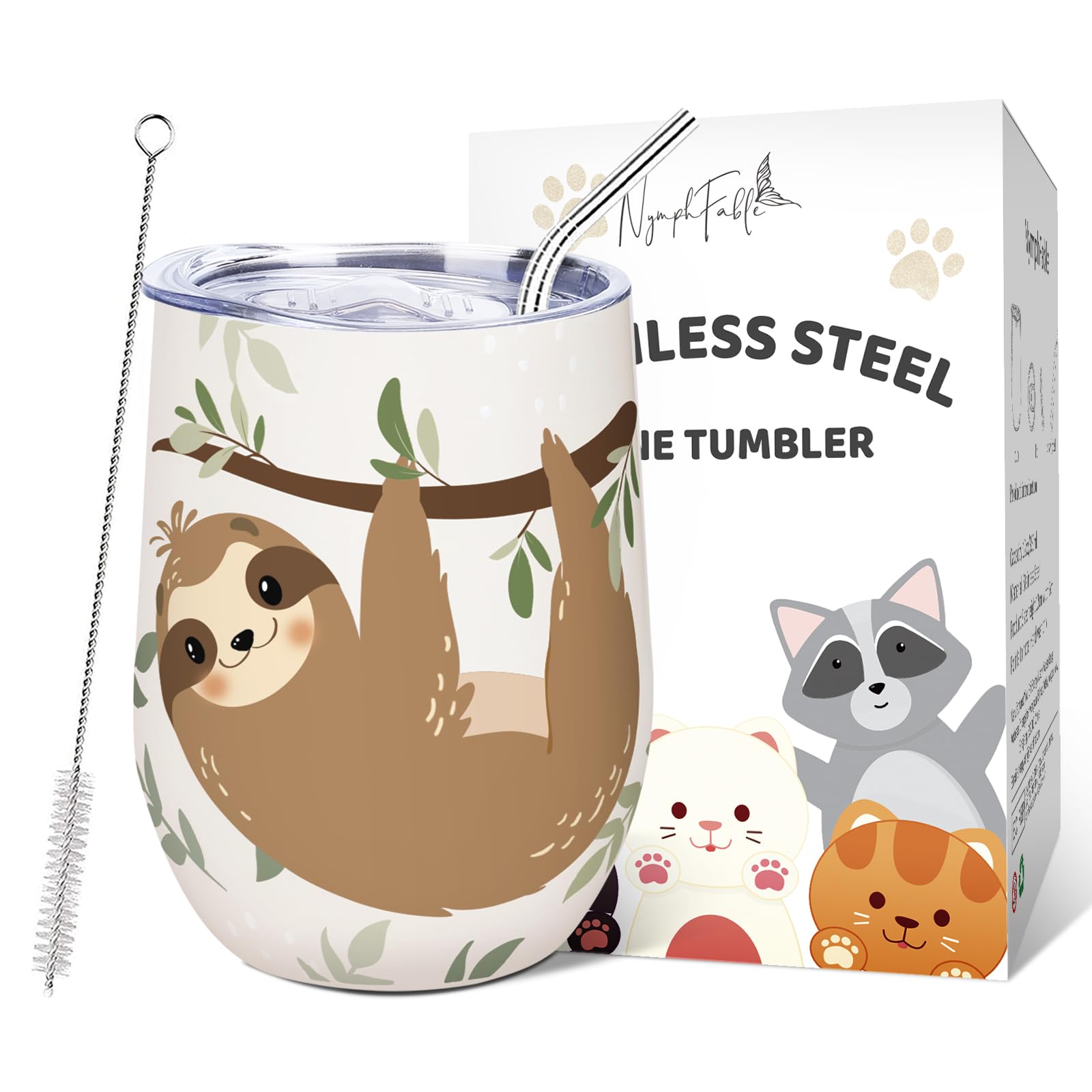 NymphFable 12oz Sloth Insulated Tumbler with Lid and Straw Stainless Steel Wine Tumbler, Stemless Wine Glass Coffee Mug