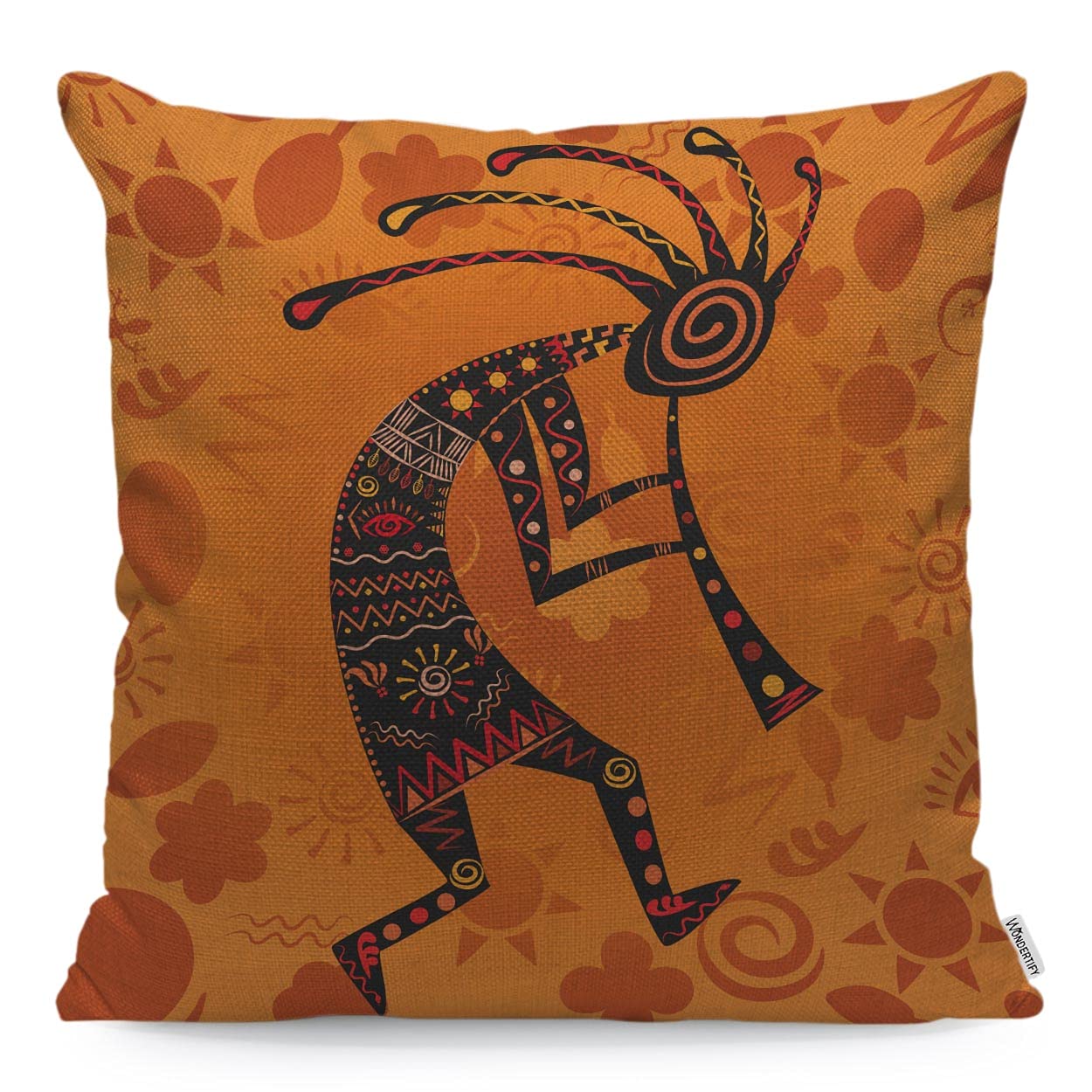 WONDERTIFY Kokopelli Cushion Cover Ethnic African Deity Of Fertility Decorative Throw Pillow Covers For Couch, Bed Sofa Pillows Case Orange 45X45 Cm