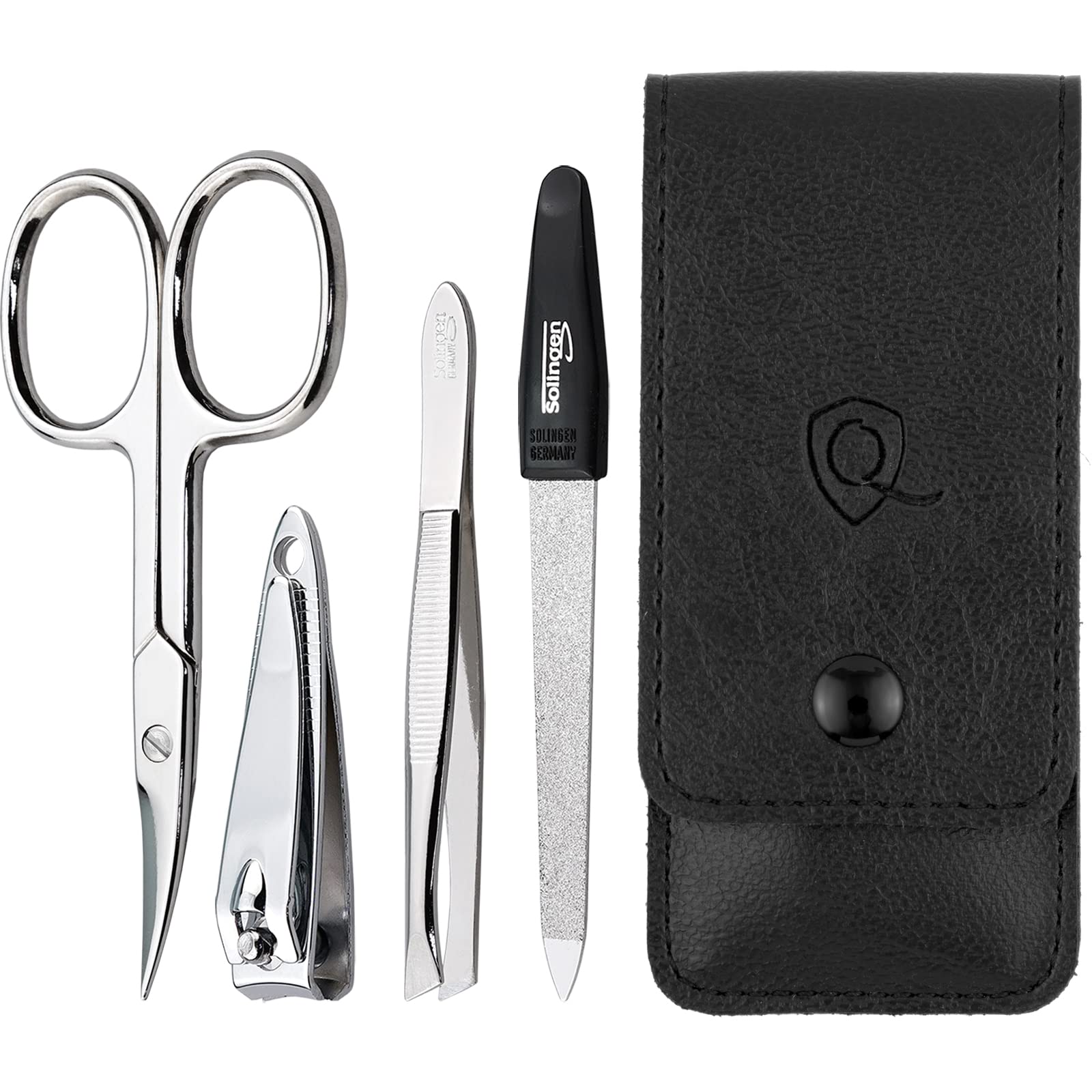 Solingen Manicure Set for Women and Men - 4-Piece Nail Kit, comprising sharp scissors, tweezers, nailclippers, and sapphire nailfile - Ideal for travelling, black