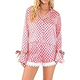 SUEER Womens Heart Print Pajamas Set Long Sleeve Button-Down Satin Sleepwear Shorts Lounge Set