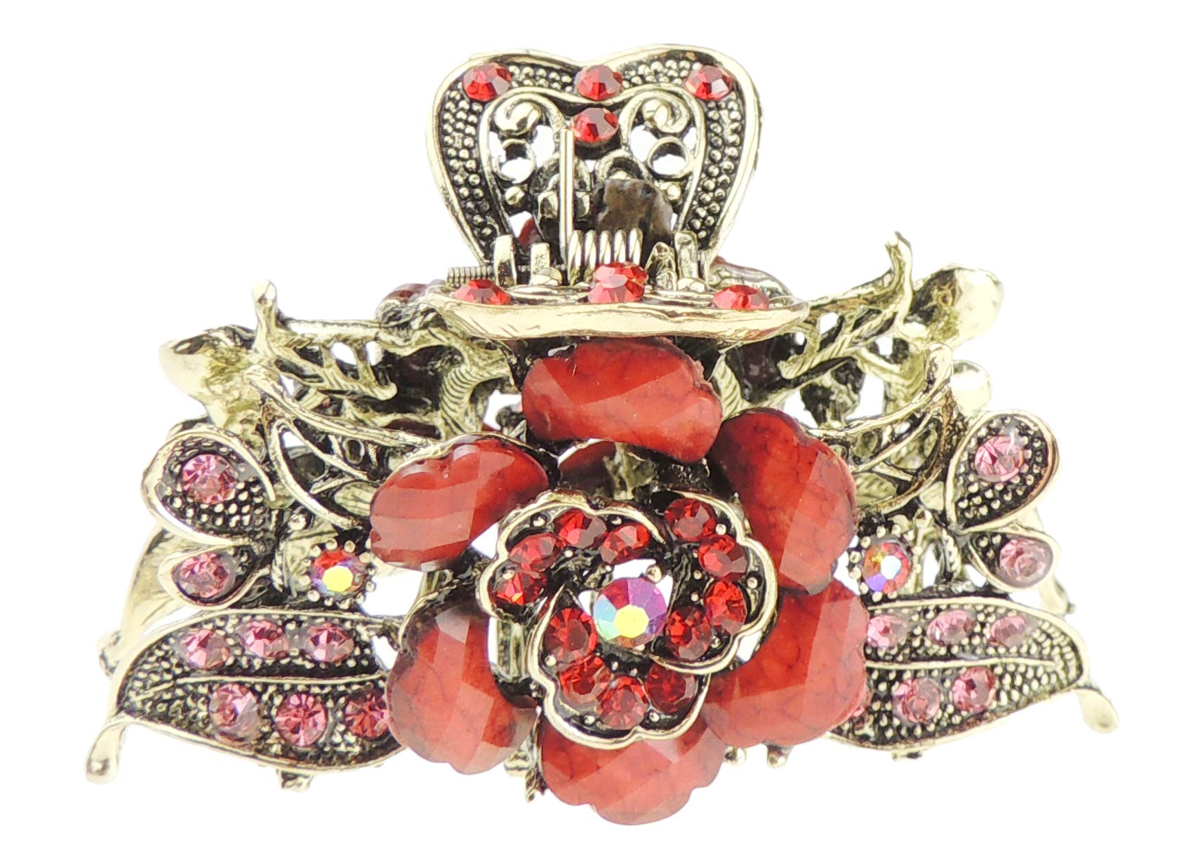 Womens Metal Wedding Rhinestone Crystal Bridal Bride Party Prom Birthday Strong Gold Tone Vintage Look Rose Flower Hair Accessory Up Do Octopus Bulldog Crab Styling Claw Grip Clamp Clip Red
