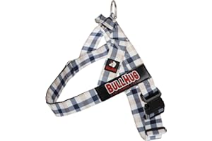 BULLHUG Adjustable Dog Harness– No Pull, No Choke – for English Bulldogs, French Bulldogs, Pugs & Broad-Chested Breeds – Easy, Safe Walks (Blue TAN Plaid, Small)