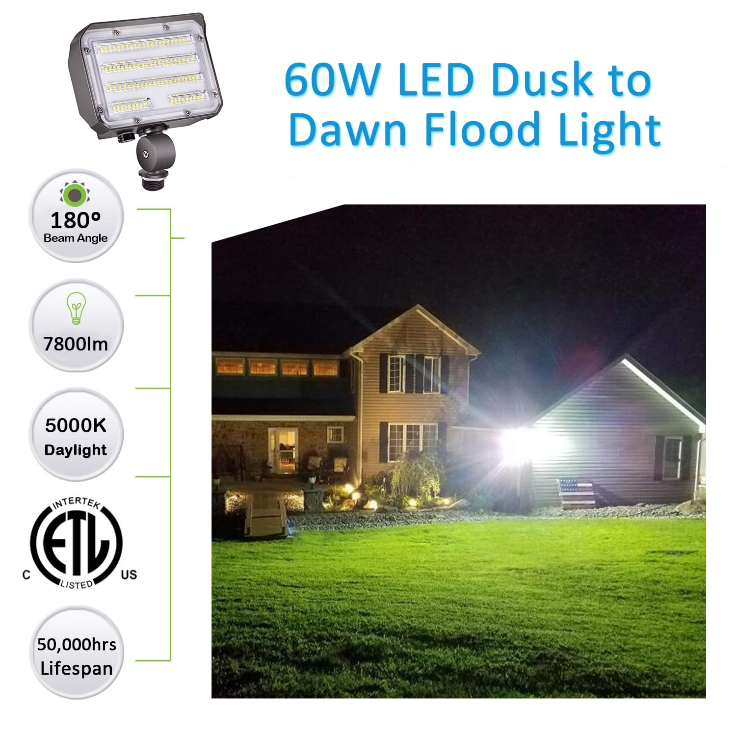SZGMJIA 60W LED Flood Light with Knuckle, Outdoor Security Fixture Dusk-to-Dawn Photocell 5000K 7,800lm(300W Equivalent) 100-277V IP65 Waterproof with Base for Wall Mount for Entrance Garden Yard