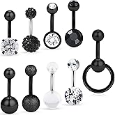 Dyknasz 9Pcs 14G Dangle Belly Button Rings Clear Diamond CZ Surgical Steel Short Navel Barbell Body Jewelry Piercing for Women