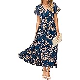 Simplee Womens Floral Maxi Dress Short Sleeve Summer Boho Wedding Guest Dress Empire Waist Chiffon Modest Midi Dresses