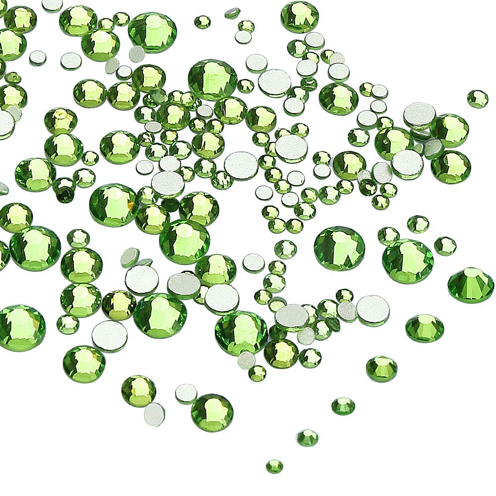 LolliBeads Resin Crystal Round Nail Art Mixed Flat Backs Acrylic Rhinestones Gems,Mix Size 1.5-5 mm, Color Peridot (1200Pcs)