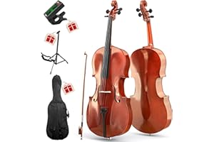 PYY Cello 4/4 Full Size - Solid Wood Acoustic Cello Package with Stand, Case, Bow, Rosin, Tuner & Extra Strings, Perfect for Students & Adult Beginners