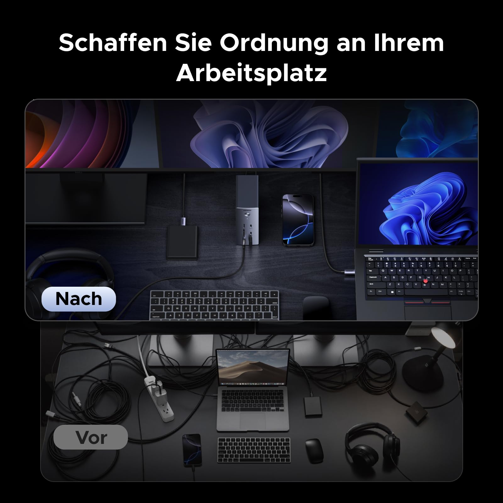 UGREEN Revodok Pro 314 Docking Station 3 Monitore 2HDMI & DP mit 8K DP/4K HDMI, 100W max. Aufladen für Laotop, 27W USB C, 10Gbps USB, Gigabit LAN, SD/TF 170MB/s [inkl. 140W Netzteil, 1m Kabel] 9