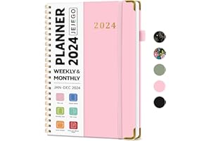 JEJEGO 2024 Planner, Weekly and Monthly Calendar Planner with Spiral Bound, January - December Planner 2024 , Includes Monthly Tabs, Metal Corner Protector, and Notes Pages, Perfect for Daily Organization (8.5" × 6.2", Pink)