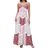 ABYOVRT Women Floral Maxi Dress Spaghetti Straps V Neck Patchwork Flowy Boho Sundress Tiered Long Dresses