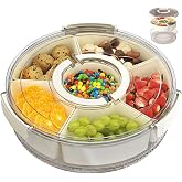 Snackle Box Container Divided Rotating Serving Tray with Lid and Handle | Portable, For Fruits Snacks Veggie Charcuterie, Spinner Organizer, Fridge Storage Container, For Travel and Picnic