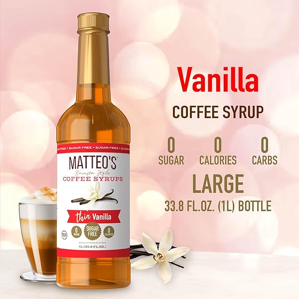 MATTEO’S VANILLA SYRUP FOR COFFEE, LATTES, CAPPUCCINOS & DESSERTS – SUGAR-FREE SWEETENER FOR BEVERAGES, KETO FRIENDLY, ZERO CALORIES, INDULGENT FLAVOR, NON-ALCOHOLIC, IDEAL FOR HOT DRINKS 33.8OZ (1PK)