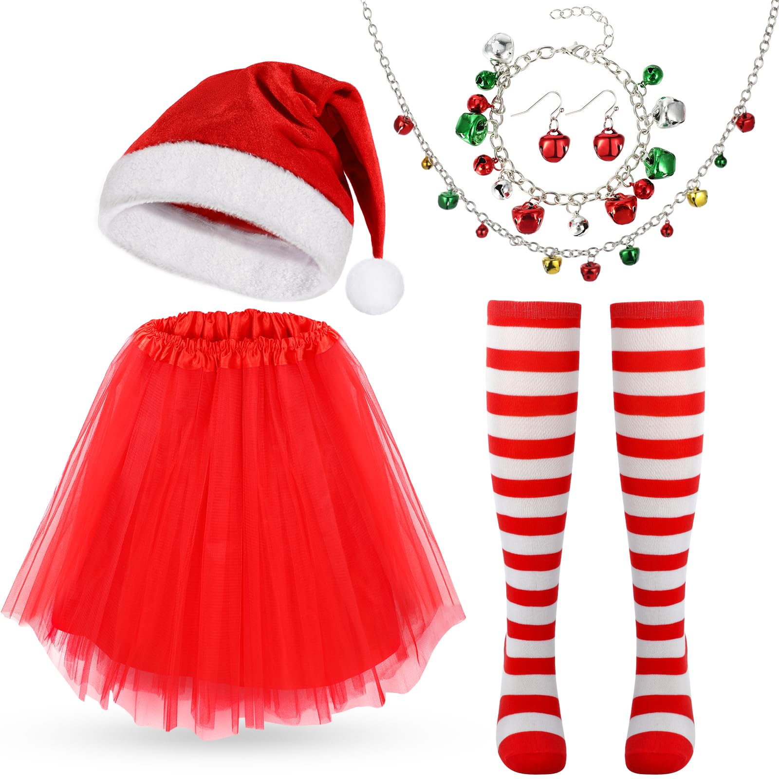 Hifot 6 Pack Christmas Costumes for Women - Santa Hat, Red Tutu, Striped Knee High Socks, Christmas Jingle Bell Necklace Set for Women & Girls - Adult Xmas Party Outfits
