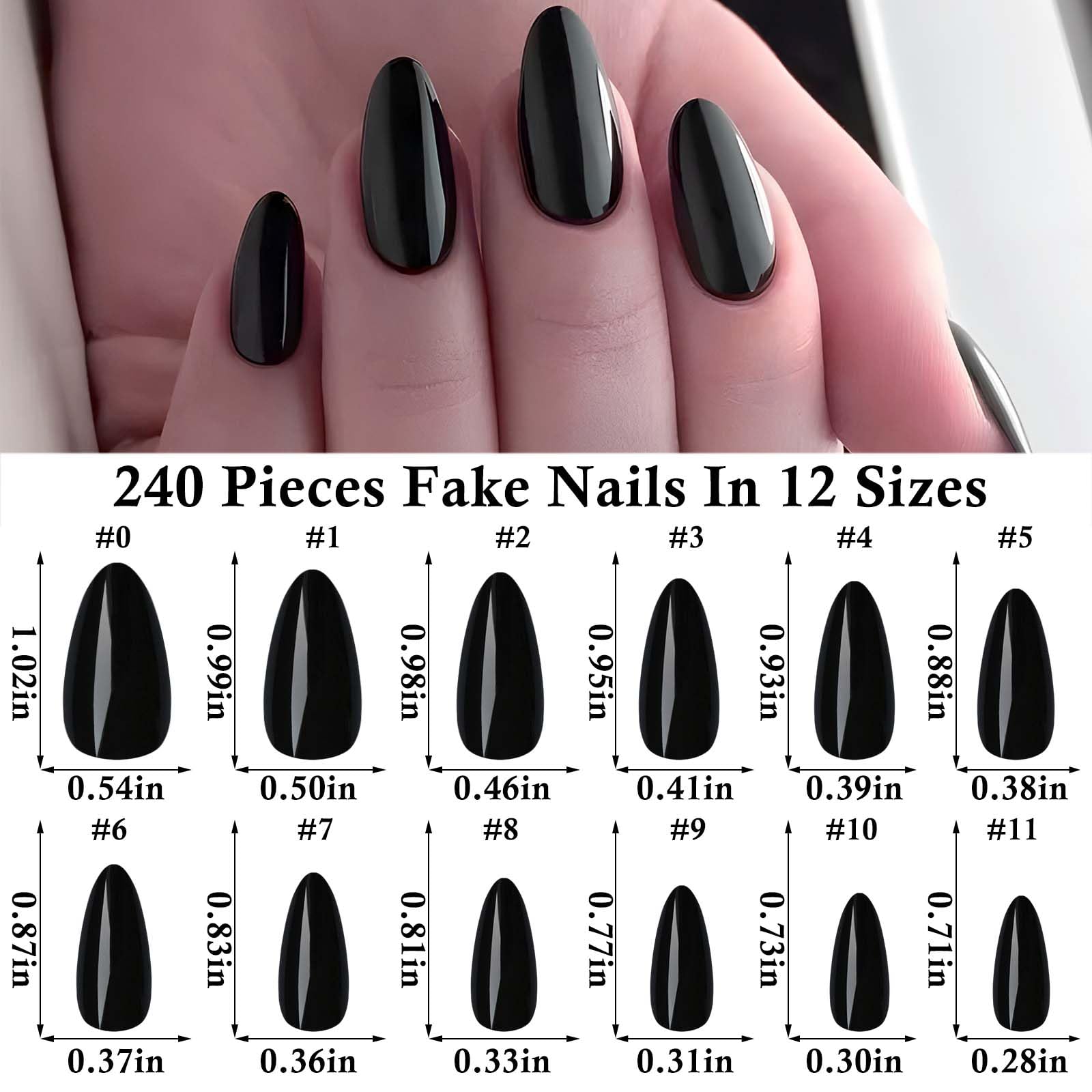 LoveOurHome 240pc Almond Press on Nails Medium Black Fake Nail Tips Full Cover Glue Almond Acrylic Nails Press ons Nail Short Stiletto False Artificial Fingernail & Glue Adhesive Tabs for Women Girls - Image 2