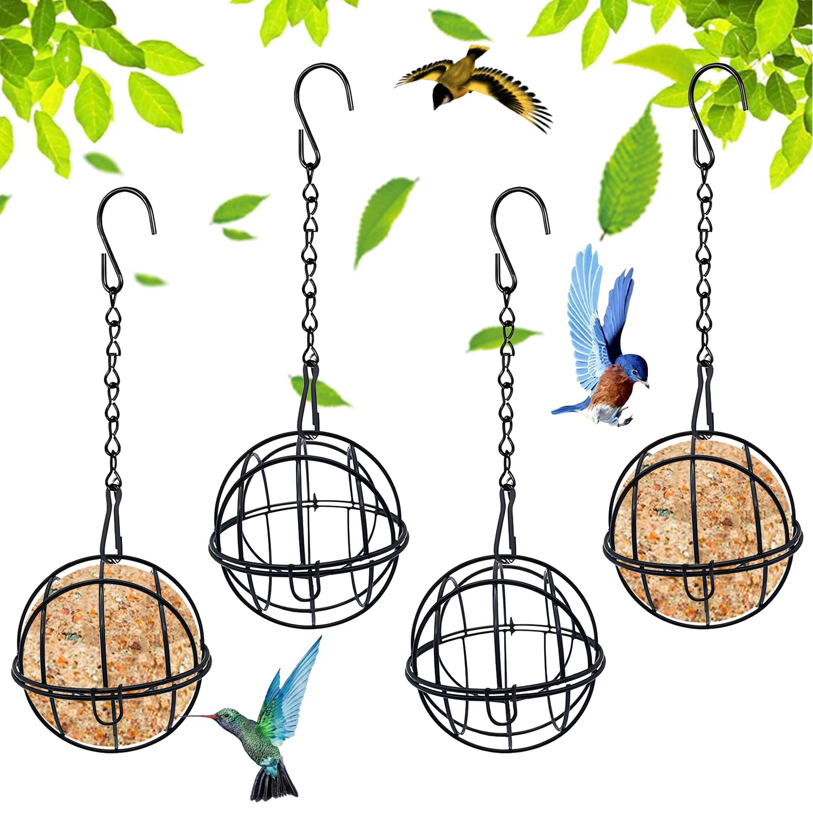 Omevett 4pcs Hanging Bird Feeder Metal Suet Feeder Fat Ball Birds Holders with 4 S-shaped Hooks for Outdoor Garden Wildlife Birds Finch Sparrow Robin