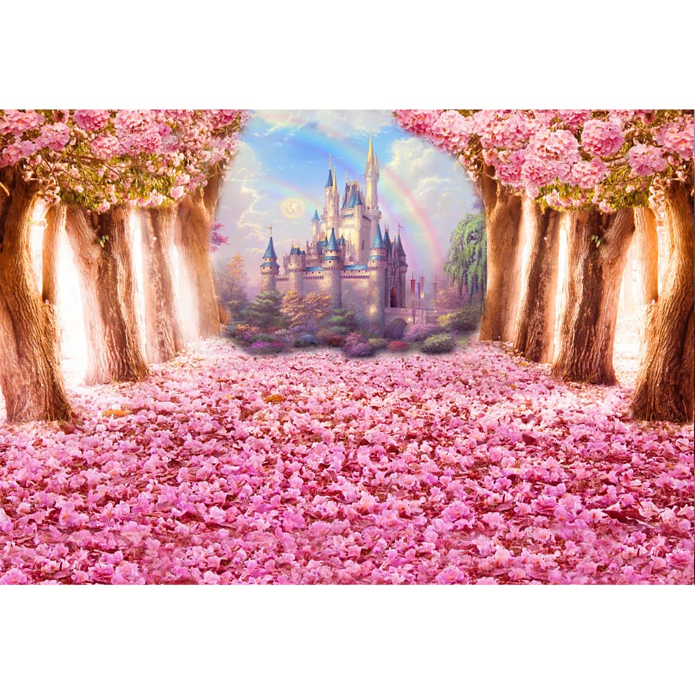 Aoihrraan 2,2x1,5m Cherry Blossoms Backdrop Magic Castle Pink Flower Trees Boulevard Rainbow Photography Background Wedding Party Bridal Shower Decoration Supplies Lover Portrait Photo Studio Props