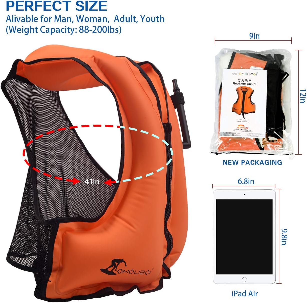 OMOUBOI Floatage Jackets Adult Lightweight Inflatable Snorkel Vest with Adjustable Leg Straps for Men Women Suitable for 90-220lbs for Outdoor Water Sports (Orange): Sports & Outdoors