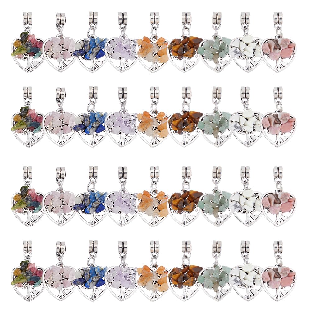 SUPERFINDINGS 36Pcs Tree of Life Pendant Charms Antique Silver Wire Wrapped Crystal Pendants Quartz Heart Pendants for Jewelry Making Necklace Earrings Bracelet DIY, Hole: 2mm