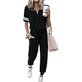 MASCOMODA 2 Piece Outfits for Women 2026 Summer Casual Quarter Zip Short Sleeve Tops Long Pants Tracksuit Jogger Lounge Sets