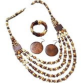 MMIUAEG Colorful Ethnic Wooden Earrings Round Statement Dangle Earrings Multilayered Geometric Beaded Bracelet Necklace Set for Women Exaggerated Tribal Jewelry