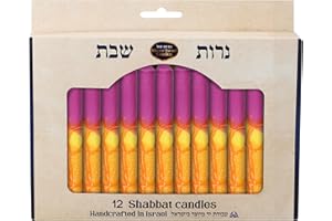 SHALHEVET LIGHT Safed Candle Company Shabbat Candles Box Set Hand Dipped Made in Israel (Purple/Gold)