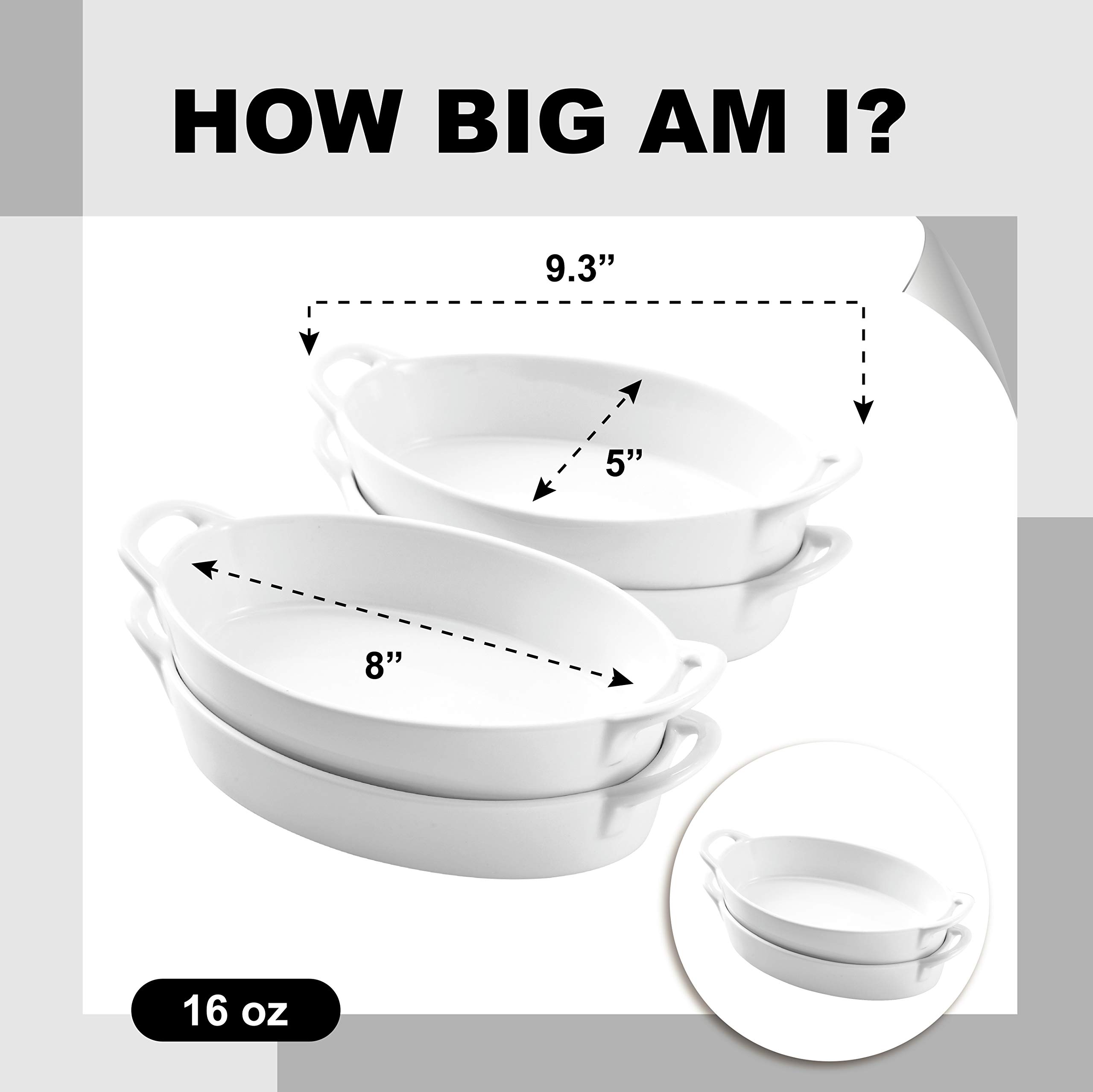 Bruntmor 8 x 5 inch Oval Porcelain Ceramic Deep Dish Au Gratin Pan Set of 4, Dual Handle Au Gratin Baking Dishes, Oven Safe Roasting Lasagna Pan For kitchen- White