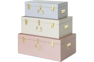 Vixdonos Decorative Box Set of 3 Metal Trunks Chest with Safety Lock Clasp for Treasure Organization and Home Dorm Decor,26.8x16.5x11Inches