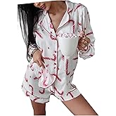 Tenopuli Women Christmas Pajamas Shorts Set 2 Piece Long Sleeve Button Down Shirt Cute V Neck Candy Cane Lounge Sleepwear
