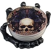 DWK - Helping Hand - Beautiful Gothic Skull Beverage Coasters with Creepy Skeleton Hand Holder for Halloween Home Kitchen Dining and Bar Décor Accent, 5.5-inch