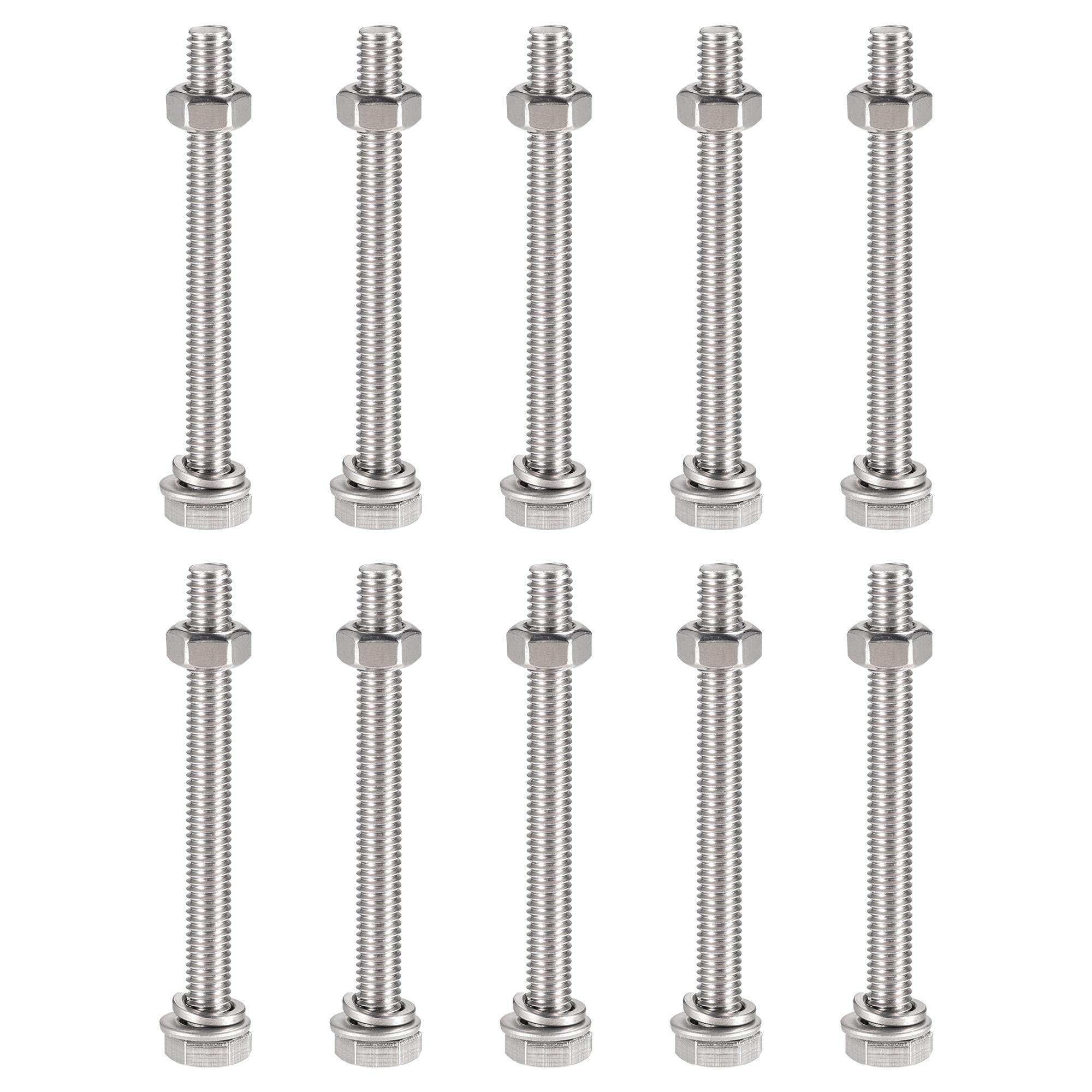 sourcing map M6 x 65mm Hex Head Screws Bolts, Nuts, Flat & Lock Washers Kits, 304 Stainless Steel Fully Thread Hexagon Bolts 10 Sets — image 1