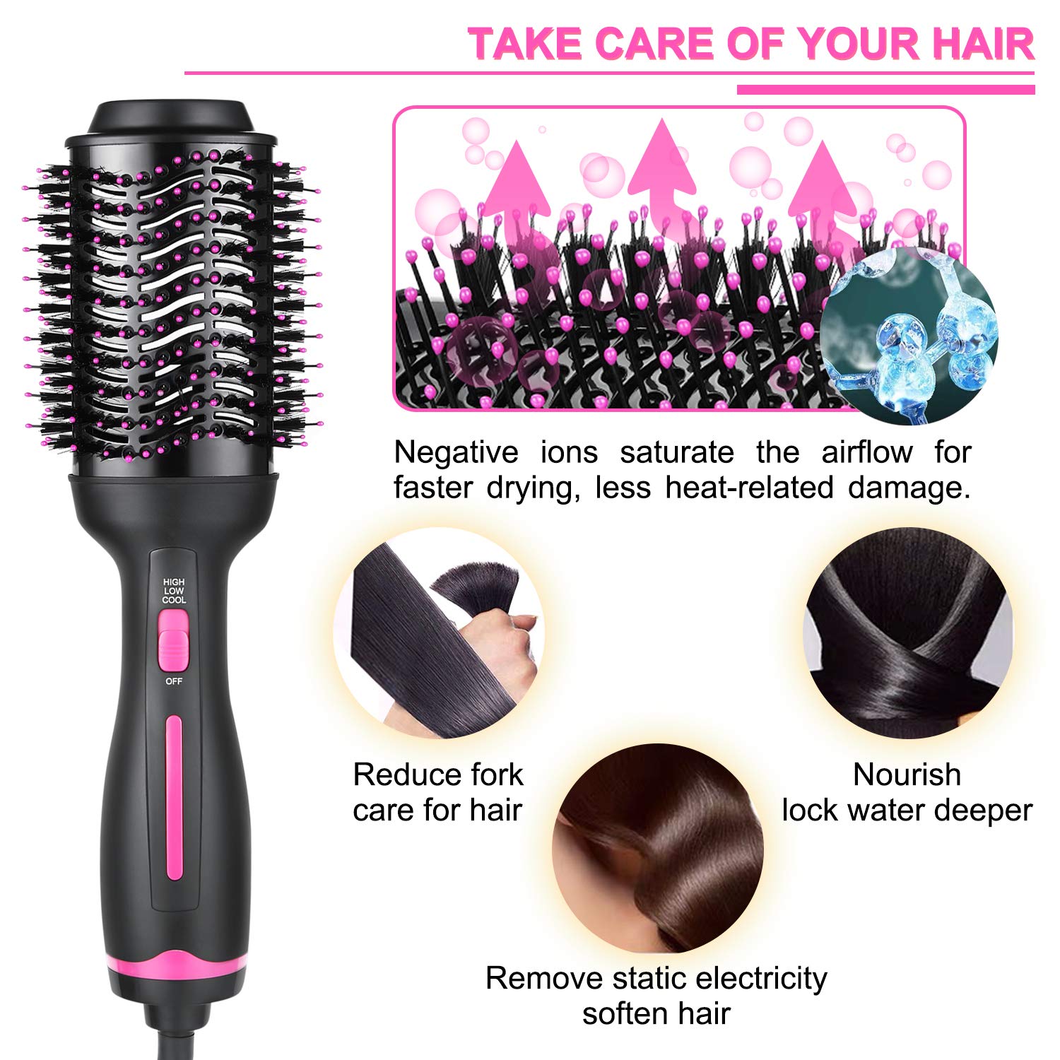 Hair Dryer Brush, Hot Air Brush, Hair Styler for Drying & Straightening & Curling, 3 in 1 Pink Lighter Styler, Hair Dryer & Volumizer : Beauty