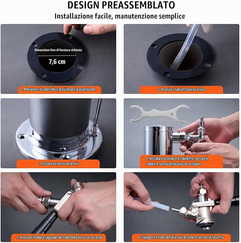 Kit Spillatore per Birra a Doppio Rubinetto, Dispenser Torre Birra per Fusti in Acciaio Inox con Regolatore W21.8 Doppio Manometro Accoppiatore Fusti S-System, Vassoio Gocciolamento