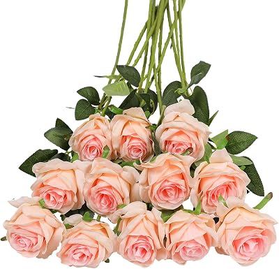 Tifuly 12 PCS Artificial Roses 50cm Silk Long Stem Champagne Pink Floral Bouquet