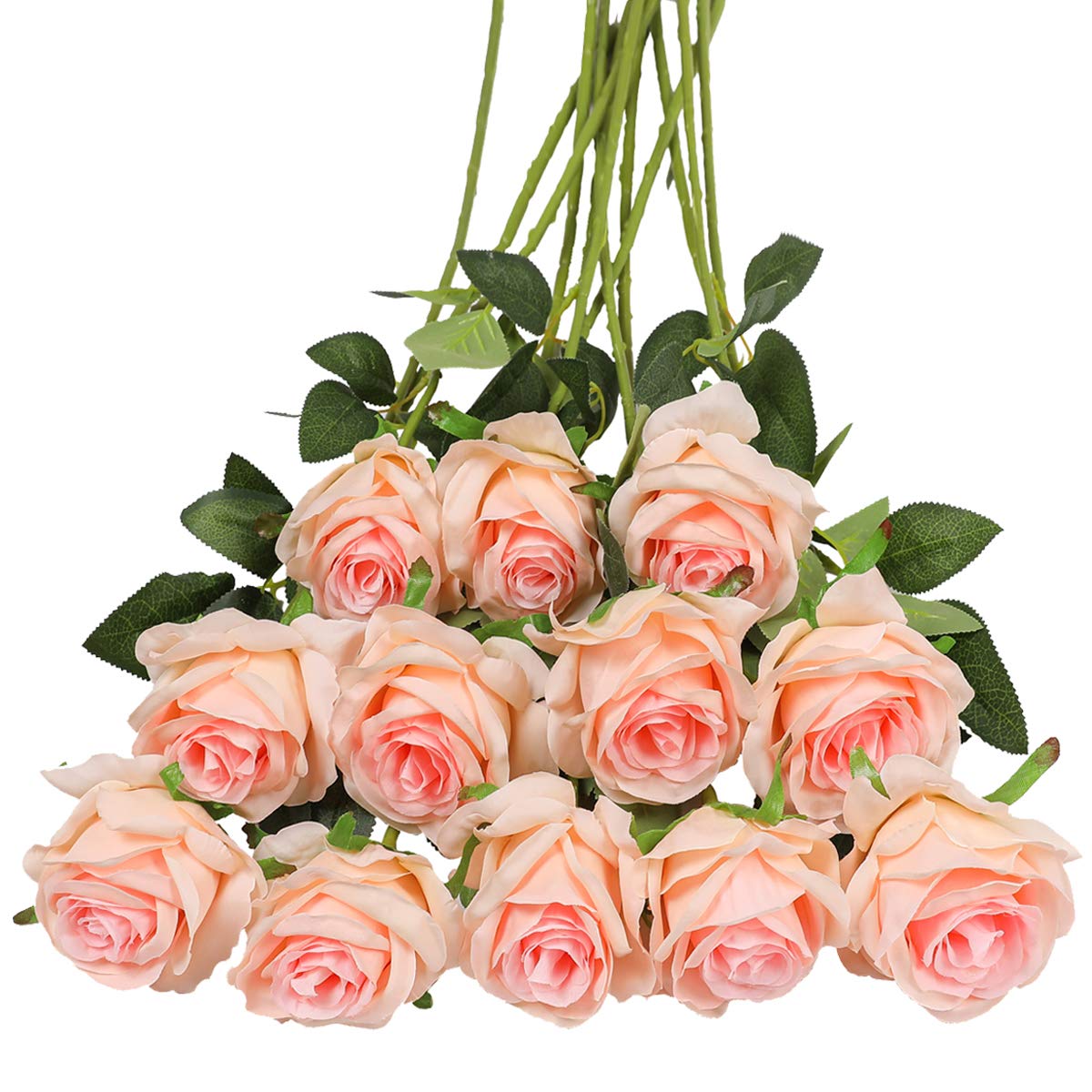 Tifuly 12 PCS Artificial Roses, 19.68'' Single Long Stem Fake Rose Silk Bridal Wedding Bouquet Realistic Flower for Home Garden Party Hotel Office Decor(Blossom Roses,Champagne Pink)