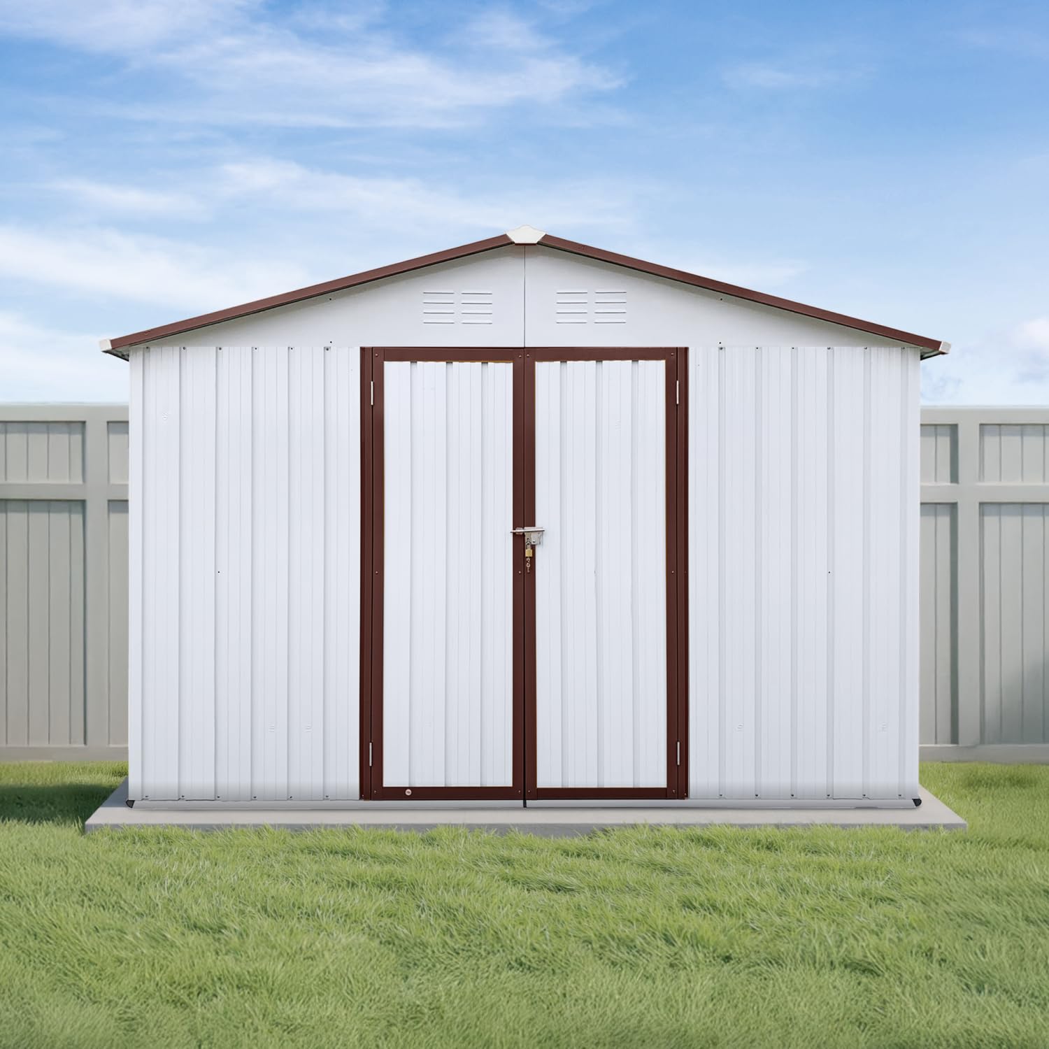 Photo 1 of *PARTIAL SET*
10x12 Ft Storage Shed Outdoor, XL Permanent Steel Building with Lockable Doors & 4 Air Vents for Backyard Garden Patio Lawn - White+Brown