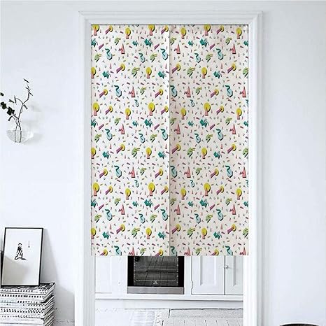 Amazon キティちゃんのれん 85x150cm 180年代のファッションスタイルのレトロな幾何学的図形落書きファンキーラインサークル三角形装飾 和風 おしゃれ 北欧 玄間の間仕切りに 断熱カーテン 突っ張り式 のれん街 両国 のれん 自然 素材 のれん ピンク のれん オンライン通販