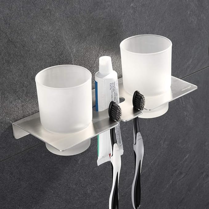 ubeegol Doppel Zahnputzbecherhalter aus Edelstahl Gebürstet Zahnbürstenhalter Zahnputzbecher Halter Bad Glas Becher Halter Ba