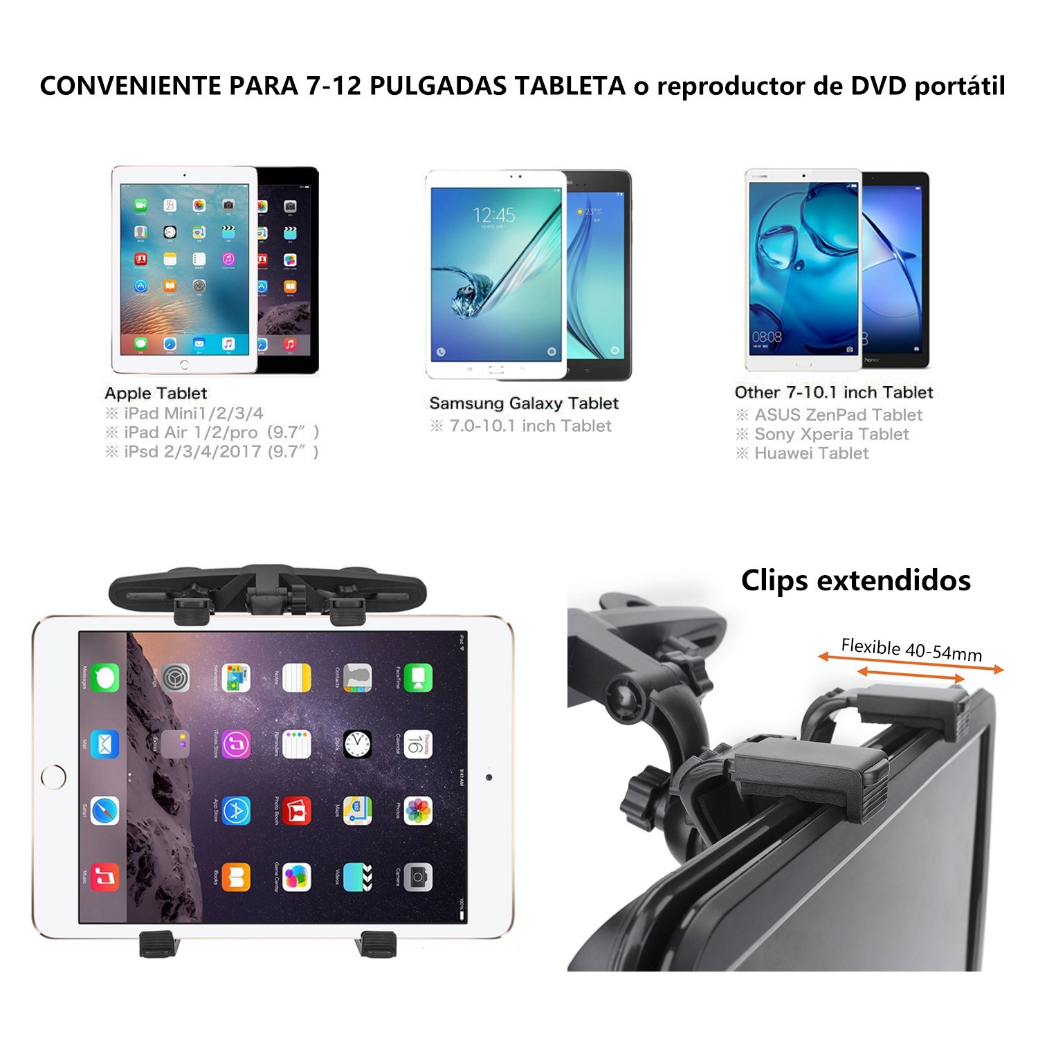 Soporte para tablet para reposacabezas de coche - Compatible con Apple iPad Air / Mini, Samsung Galaxy Tab, Kindle Fire, reproductor de DVD portátil,y otras tabletas de 7\'\'-12\