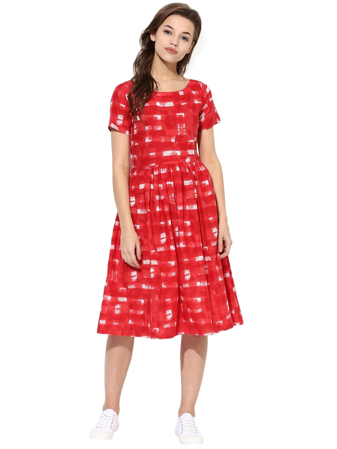 ahalyaa red cotton flare pull over frilled flared summer dress